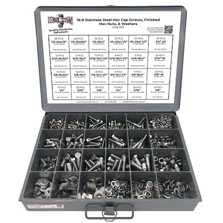 Boltsandnuts.Com Inch 18-8 Stainless Hex Cap Screws, Hex Nuts, Flat & Lock Washers - 574 PCS Assortment Kit #203